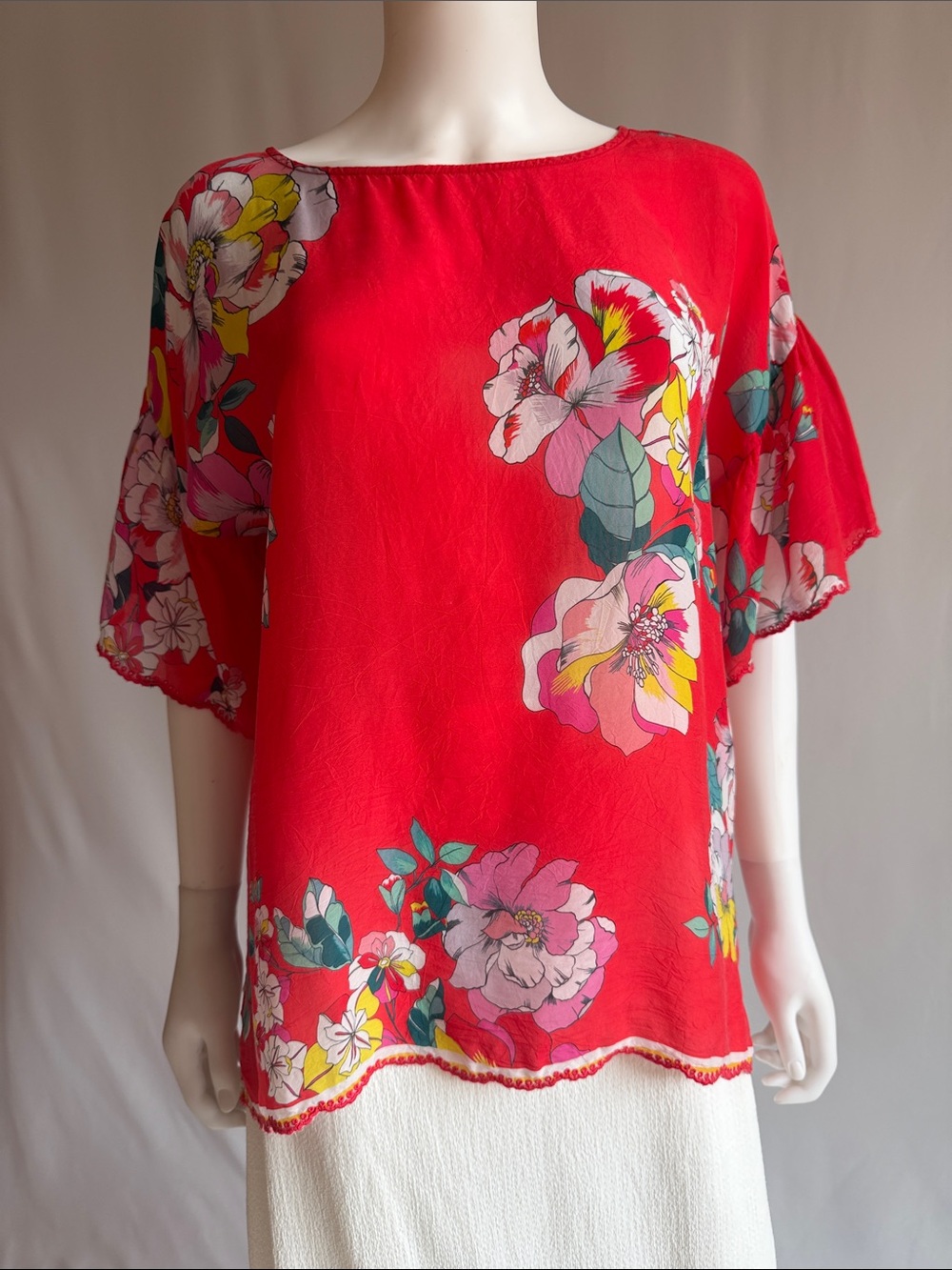 Johnny Was Red Floral Short Sleeve Tunic Top